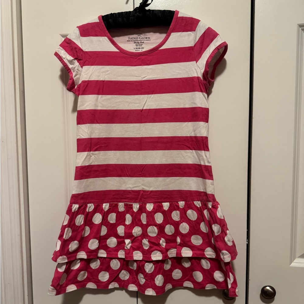 Faded Glory Girls L 10-12 Pink White Stripe Polka Dot Ruffle Hem Casual Dress